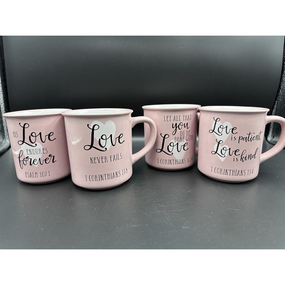 Popular LOVE Scriptures Sayings Set/4 Mugs Blush Color. New No Box